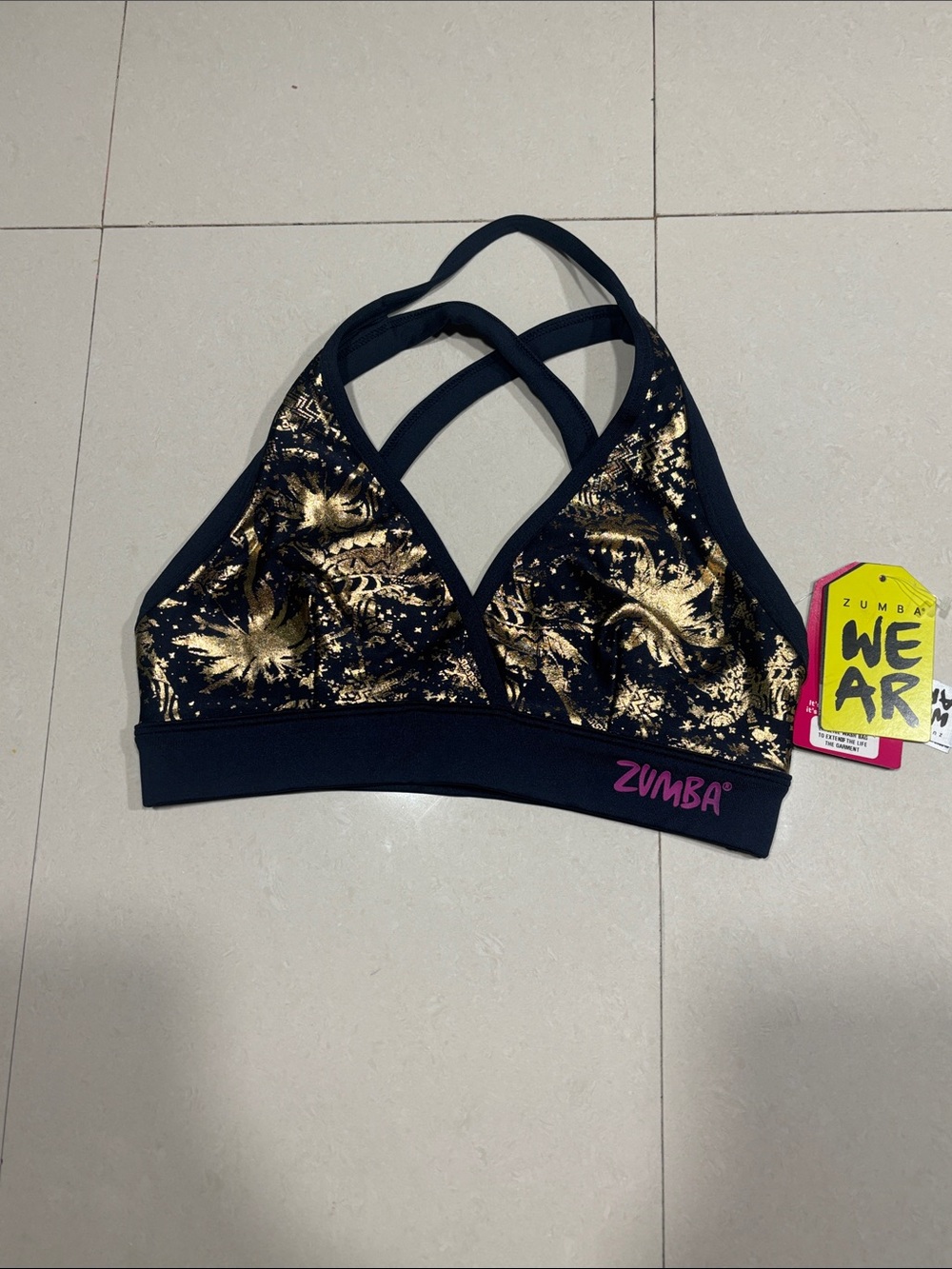 Zumba Fitness Black & Gold Metallic Print Crossback Bikini Top